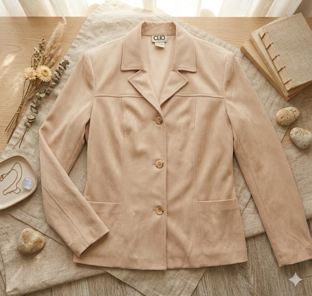 CLIO Vintage Cream Faux Suede Blazer Jacket - Size S - Made in USA - EUC